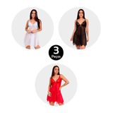 Kit 3 Camisola Imi Lingerie Sem Bojo Em Tule E Renda Com Calcinha Fio Dental Ainah