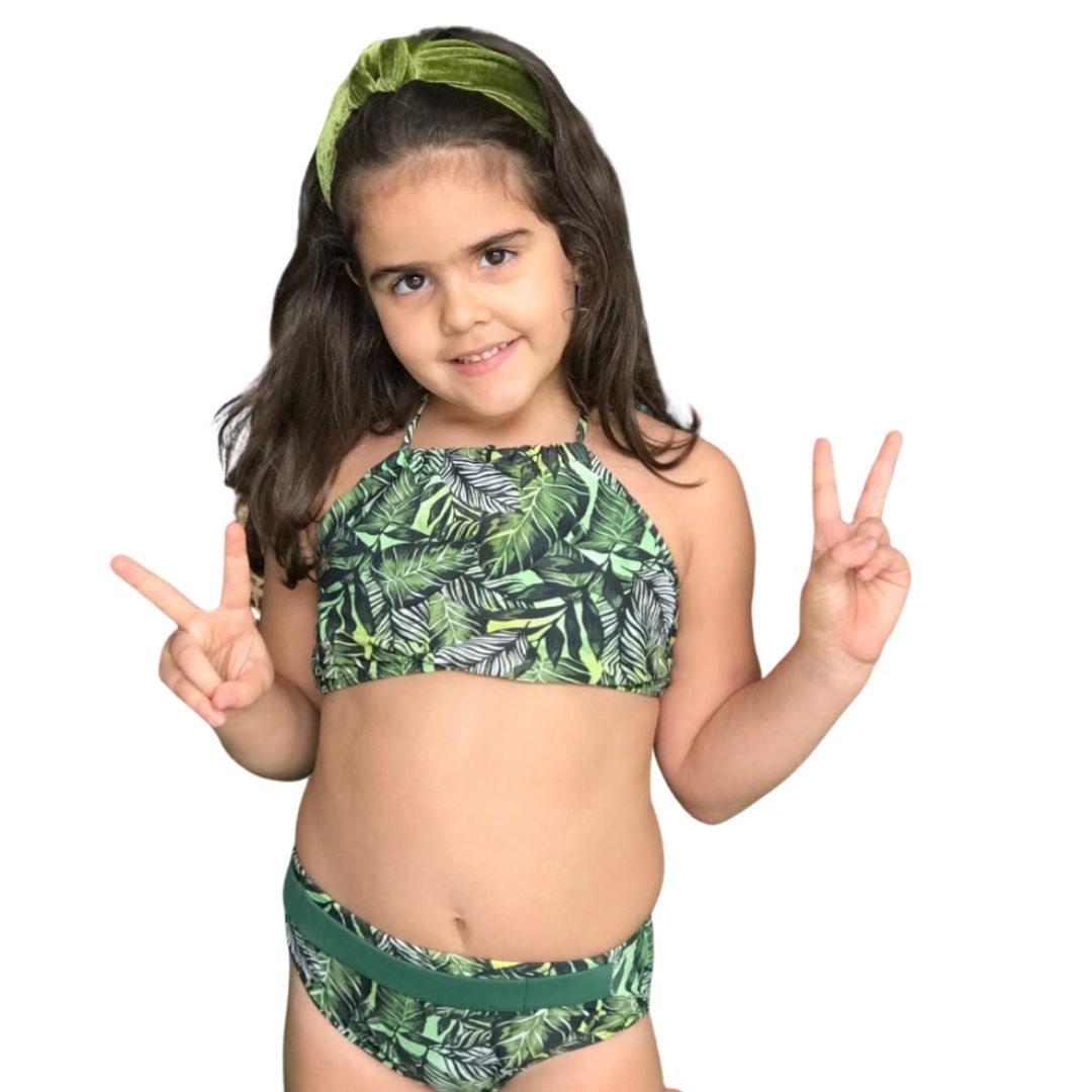 Biquíni Cropped Infantil Estampado Folhas Verde Musgo -