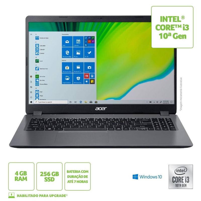 Notebook - Acer A315-54k-30u I5-1035g1 1.00ghz 4gb 256gb Ssd Intel Hd Graphics Endless os Aspire 3 15,6" Polegadas
