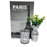 Kit Decoração Livro Paris + Vaso Prata + Castiçal De Vidro