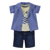 Conjunto 3pçs Baby Gijo Camiseta Camisa E Bermuda Com Elástico Menino Bebê