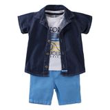 Conjunto 3pçs Baby Gijo Camiseta Camisa Jeans E Bermuda Sarja Menino Bebê