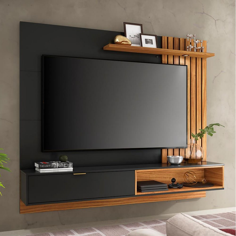 Painel Bancada Suspensa Para Tv Até 65 Pol. Ripado 180cm Tocantins Preto Fosco/noce Milano - Colibri