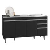 Balcão Gabinete Com Pia Inox 150cm 4 Portas 2 Gavetas Preto