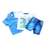 Conjunto 3pçs Baby Gijo Camisa Camiseta E Bermuda Com Elástico Menino Bebê