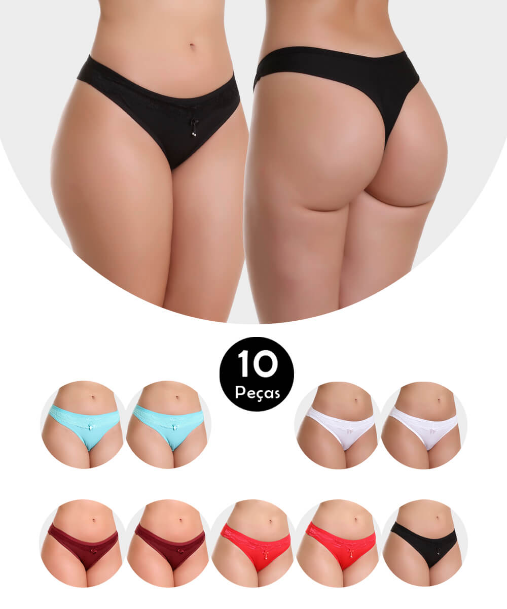 Kit 10 Calcinha Imi Lingerie Tanga Fio Dental Duplo Em Microfibra Fio Conforto