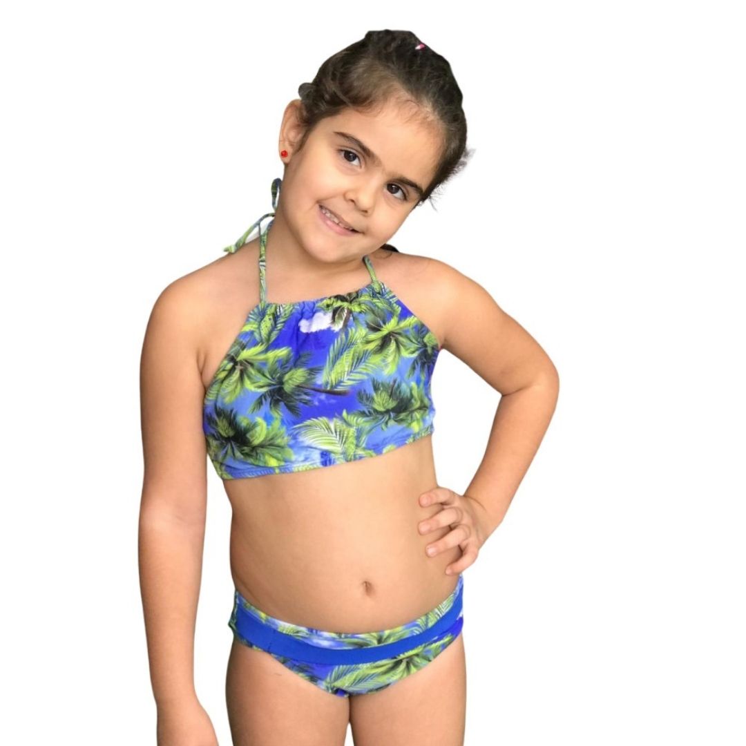 Biquíni Cropped Infantil Estampado Coqueiro Azul -