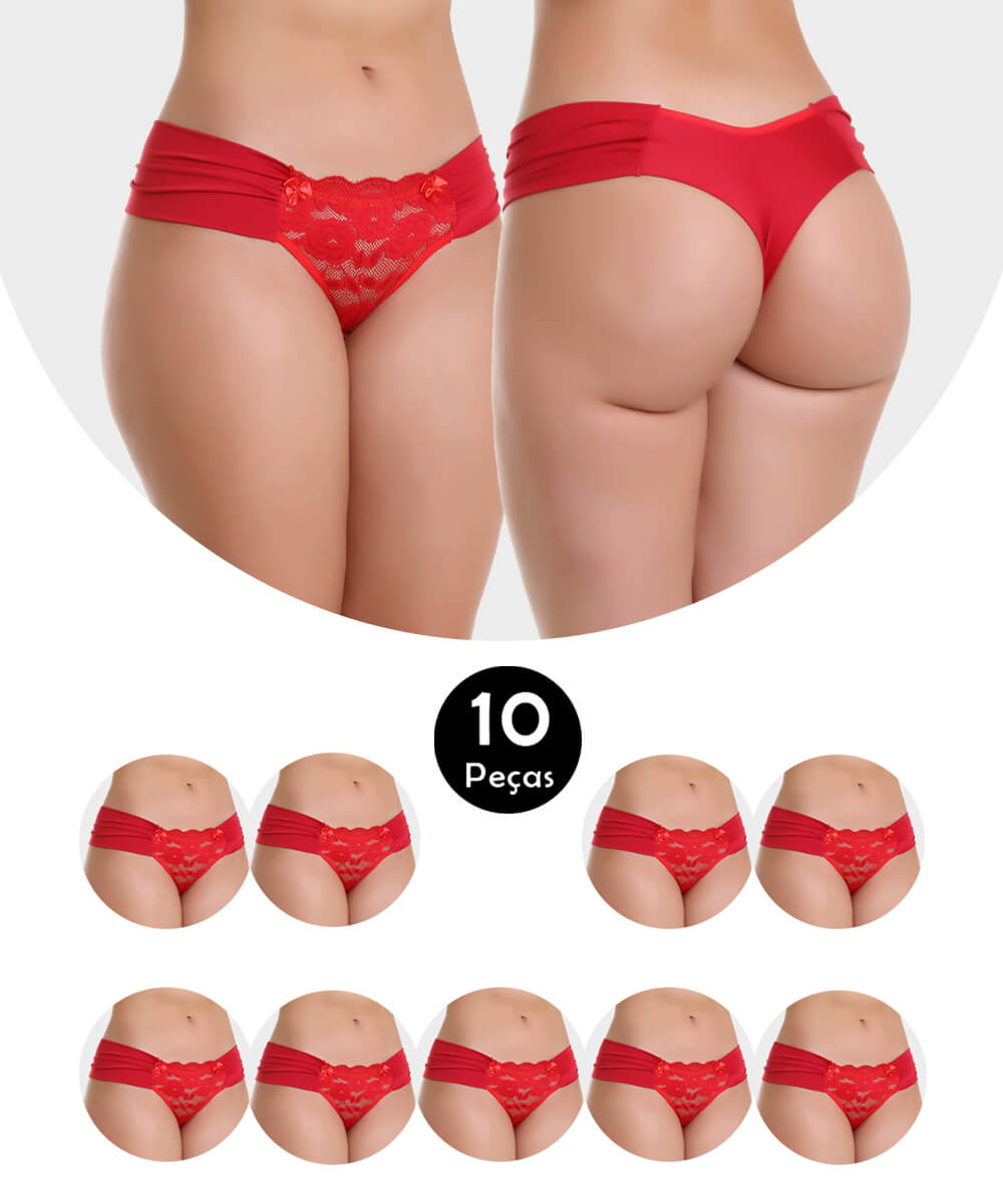 Kit 10 Calcinha Imi Lingerie Tanga Fio Dental Duplo Em Microfibra E Renda Antônia