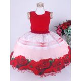 Vestido Infantil Vermelho Florido Natal Luxo 4 A 16 Anos