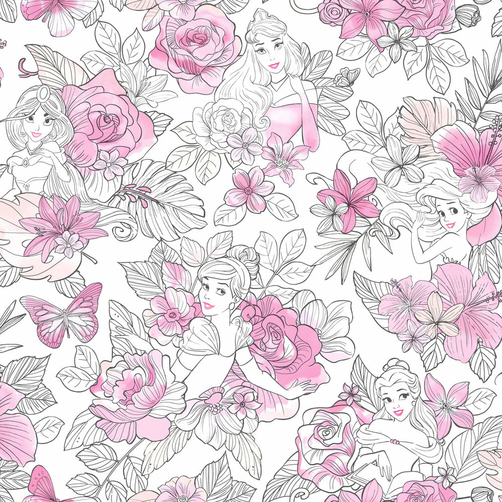 Papel De Parede Disney Princesas Floral - Opções De Cores