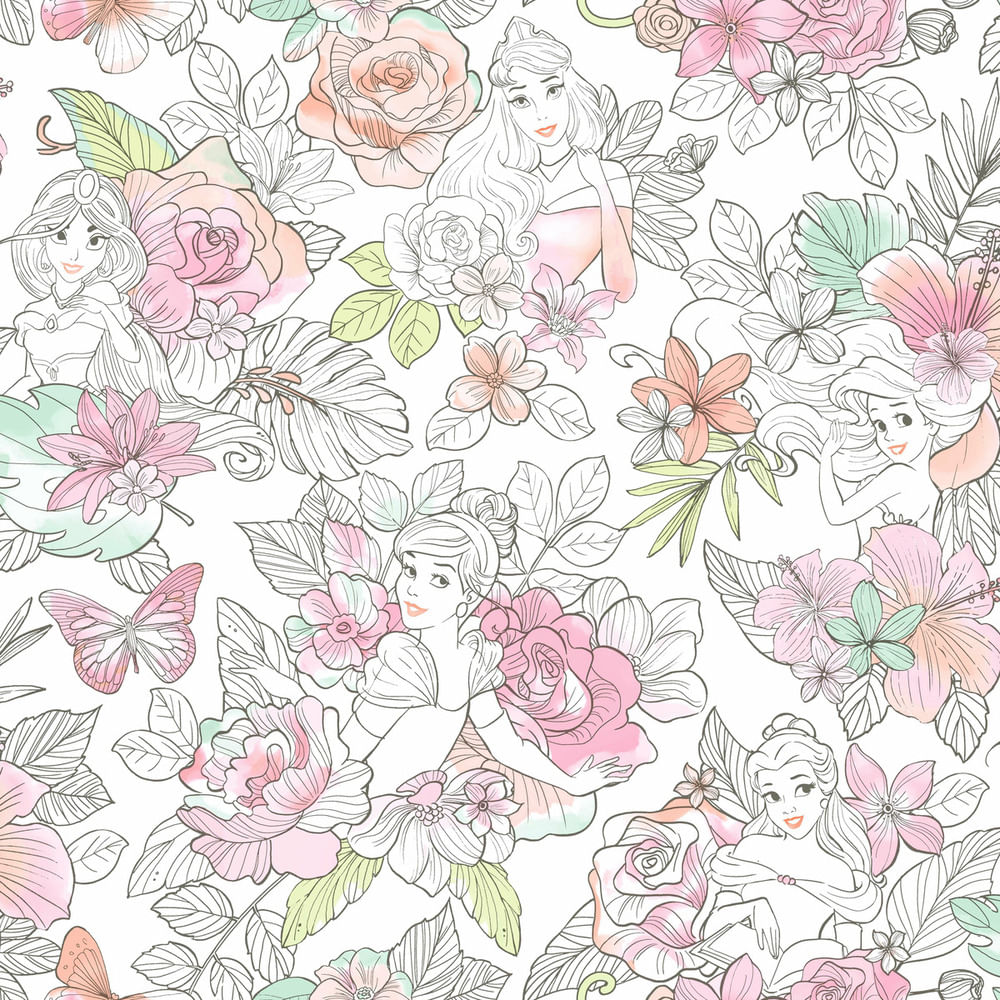 Papel De Parede Disney Princesas Floral - Opções De Cores