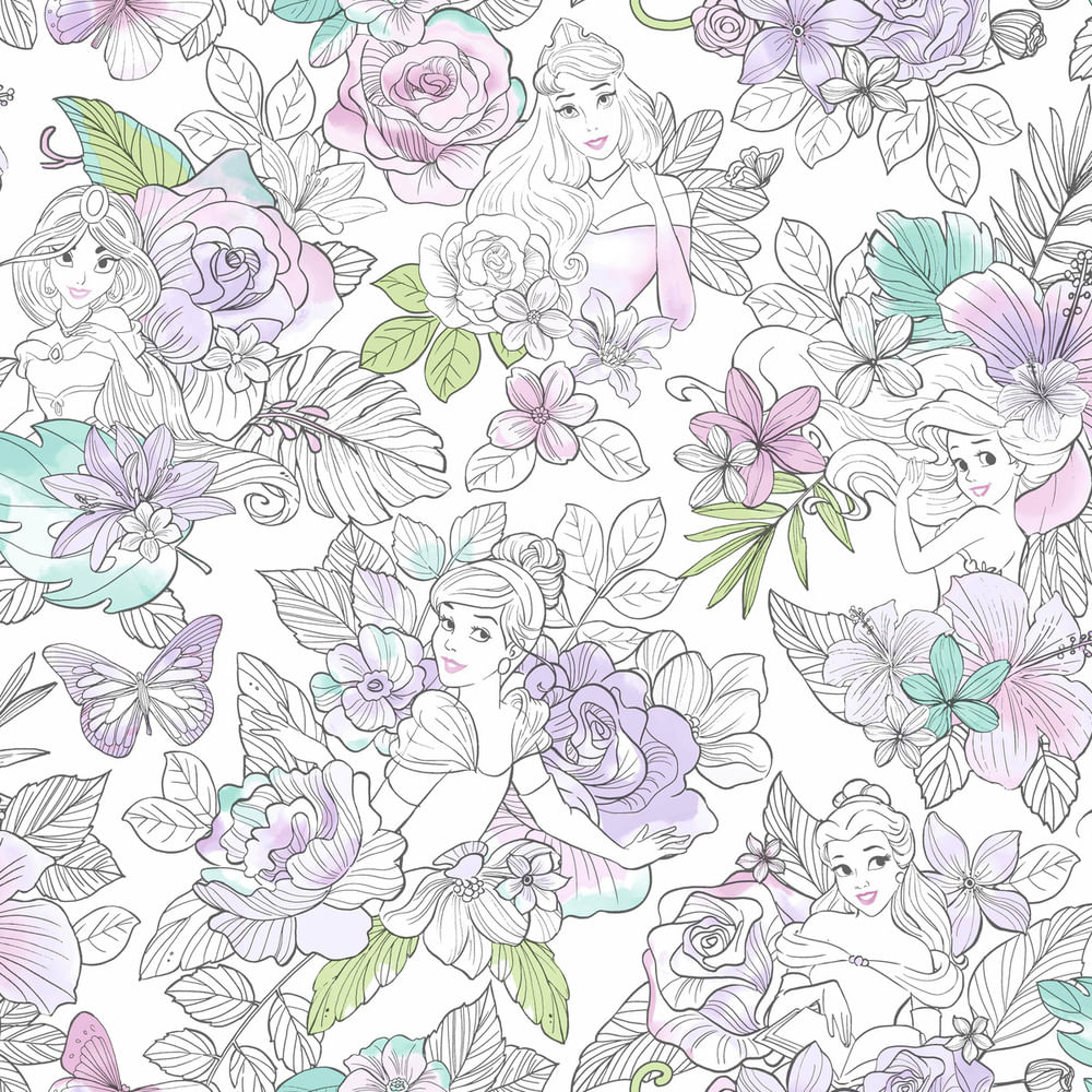 Papel De Parede Disney Princesas Floral - Opções De Cores