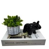 Kit Decoração Livro + Vaso Branco Artesanal + Elefante Preto