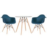 KIT - Mesa de vidro Eames 70 cm + 2 cadeiras Eames DAW - Azul petróleo