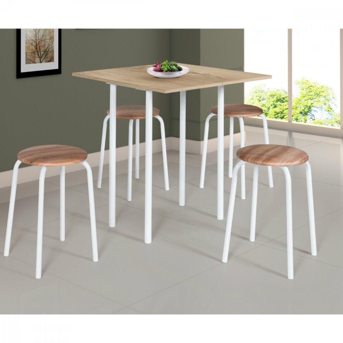 Conjunto Sala de Jantar Mesa Dobrável e 4 Banquetas Expert Ciplafe BrancoCappucino