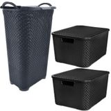 Kit Cesto De Roupa Rattan 50l +2 Caixa Organizadora 7l Preta