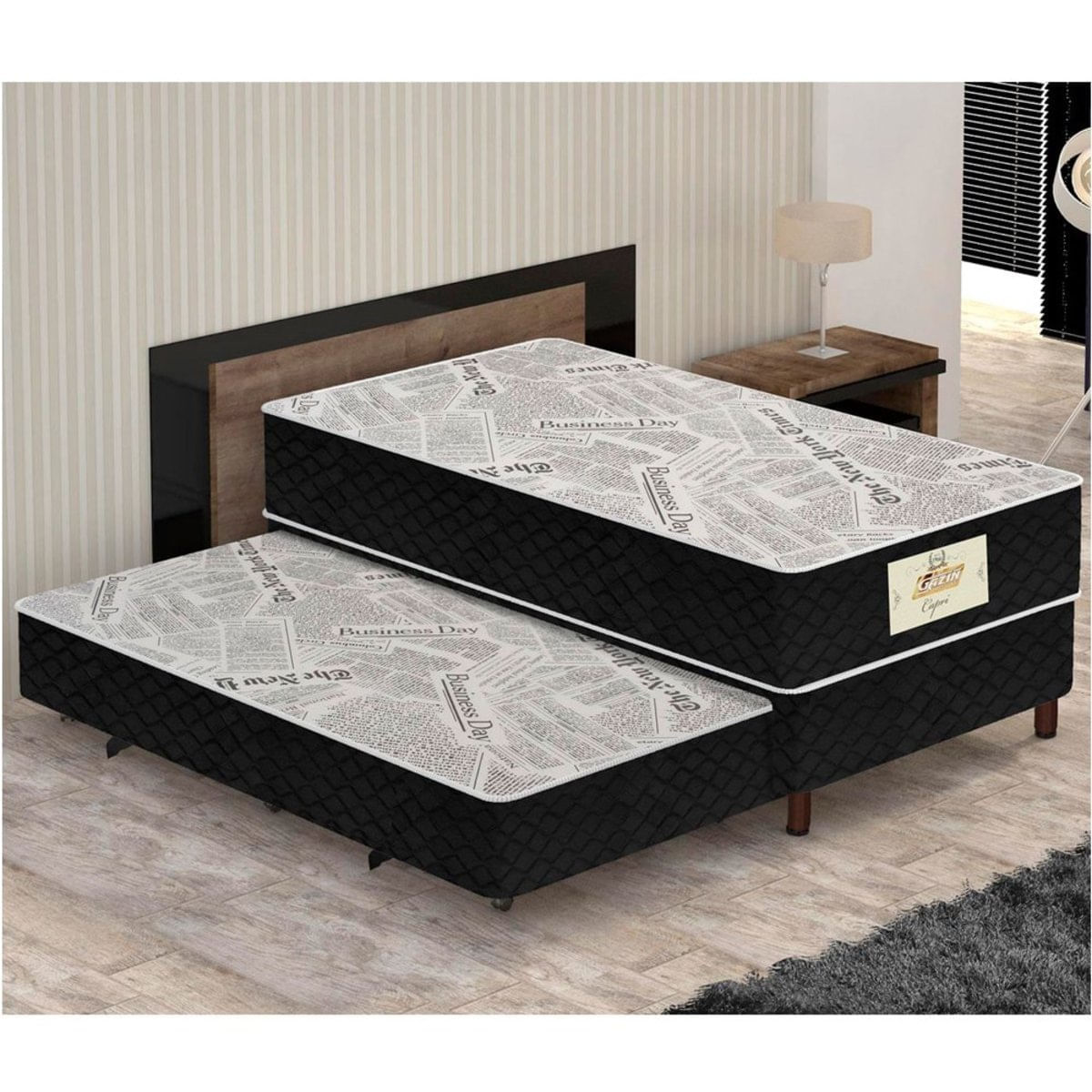 Box Conjugado Solteiro Gazin Capri 88x188 com Cama Auxiliar Molas Bonnel Preto com Branco