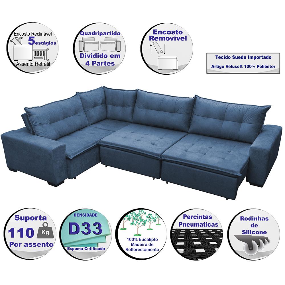 Sofa de Canto Retrátil e Reclinável com Molas Cama inBox Oklahoma 3 ...