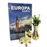 Kit Decoração Livro Europa + Vaso Cerâmico + Bulldog Dourado