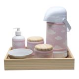 Kit Higiene Moderno Nuvem Rosa Quarto Bebê Infantil Menina