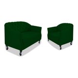 Kit Namoradeira Sofá Recamier e Poltrona Julia Pés Luís Xv Com Botonê para Sala de Estar Recepção Quarto Escritório Verde Suede - AM Decor