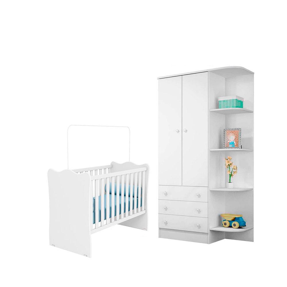 Quarto Para Bebê com Guarda Roupa e Berço Doce Sonho Branco - Qmovi