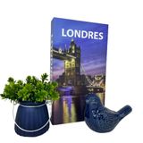 Kit Decoração Livro Londres + Pássaro Azul + Vaso De Vidro