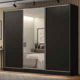 Guarda Roupa Casal 100% MDF Madesa Royale 3 Portas de Correr com Espelho - Preto