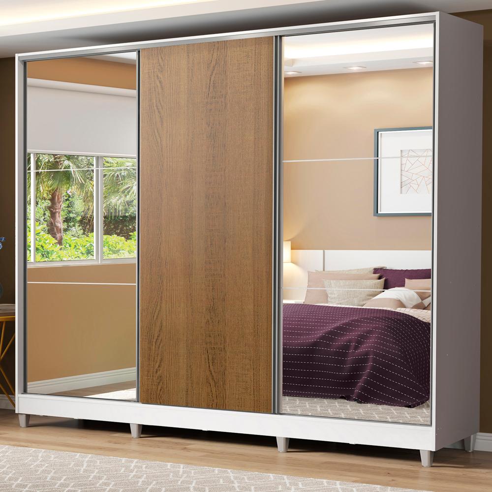 Guarda Roupa Casal 100% MDF Madesa Royale 3 Portas de Correr com Espelho com Pés - Branco/Rustic