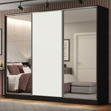 Guarda Roupa Casal 100% MDF Madesa Royale 3 Portas de Correr com Espelhos - Preto/Branco
