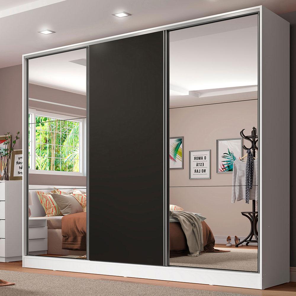 Guarda Roupa Casal 100% MDF Madesa Royale 3 Portas de Correr com Espelhos - Branco/Preto