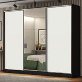 Guarda Roupa Casal 100% MDF Madesa Royale 3 Portas de Correr com Espelho - Preto/Branco