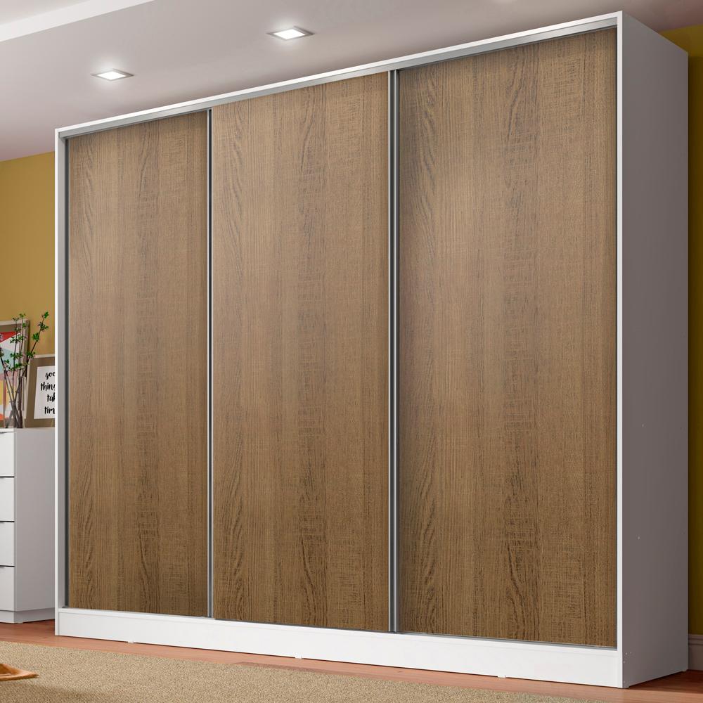 Guarda Roupa Casal 100% MDF Madesa Royale 3 Portas de Correr - Branco/Rustic