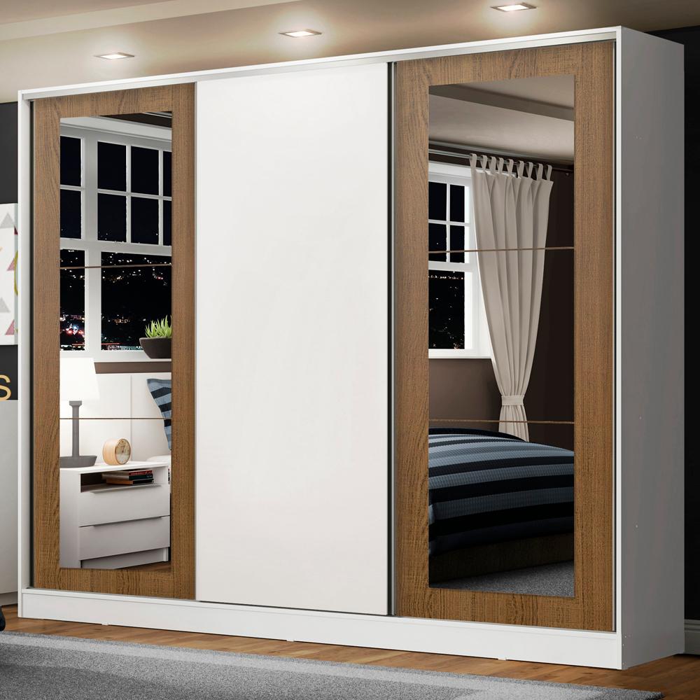 Guarda-Roupa Casal Madesa Eros 3 Portas de Correr com Espelhos - Branco/Rustic/Branco