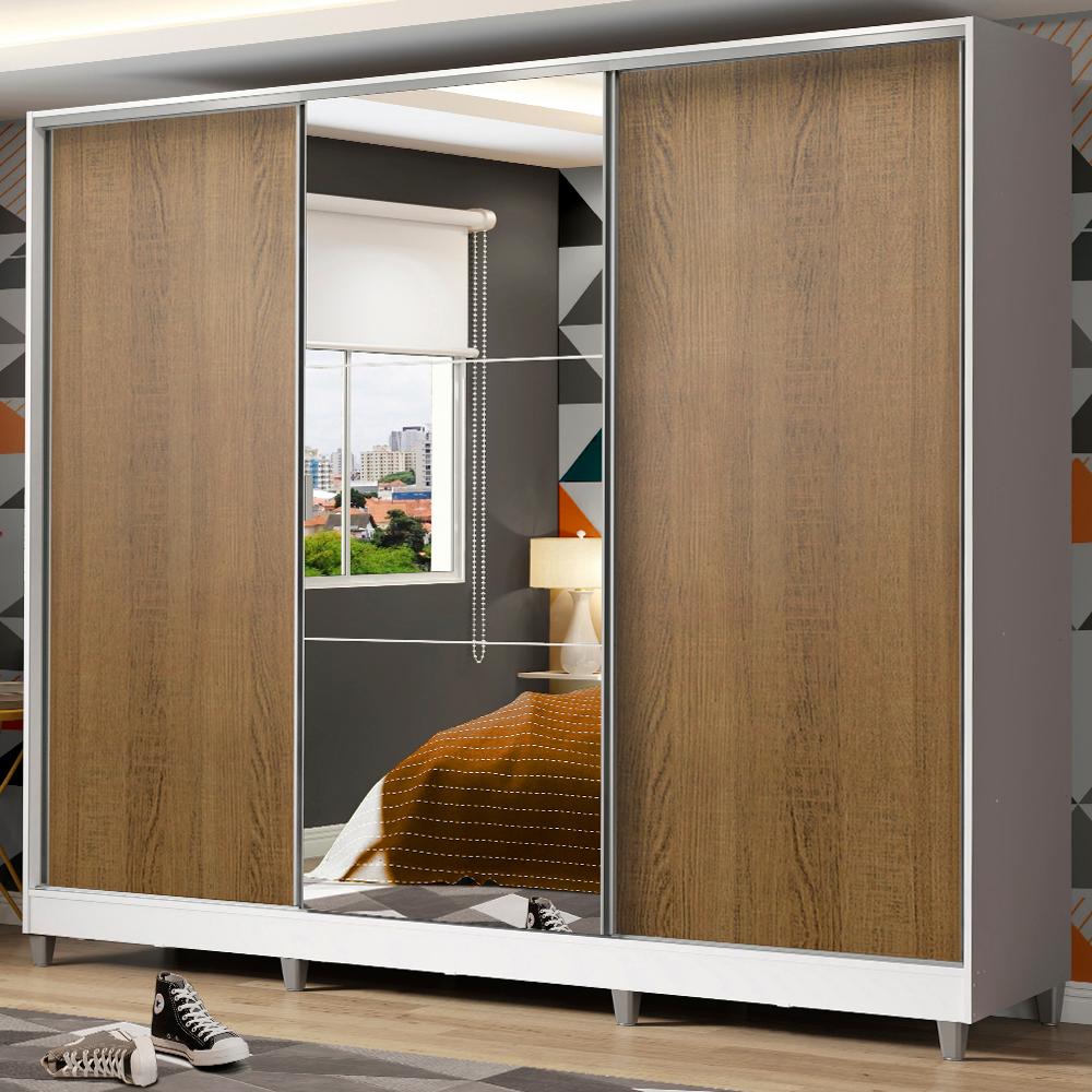 Guarda Roupa Juvenil 100% MDF Madesa Kevin 3 Portas de Correr com Espelho com Pés - Branco/Rustic