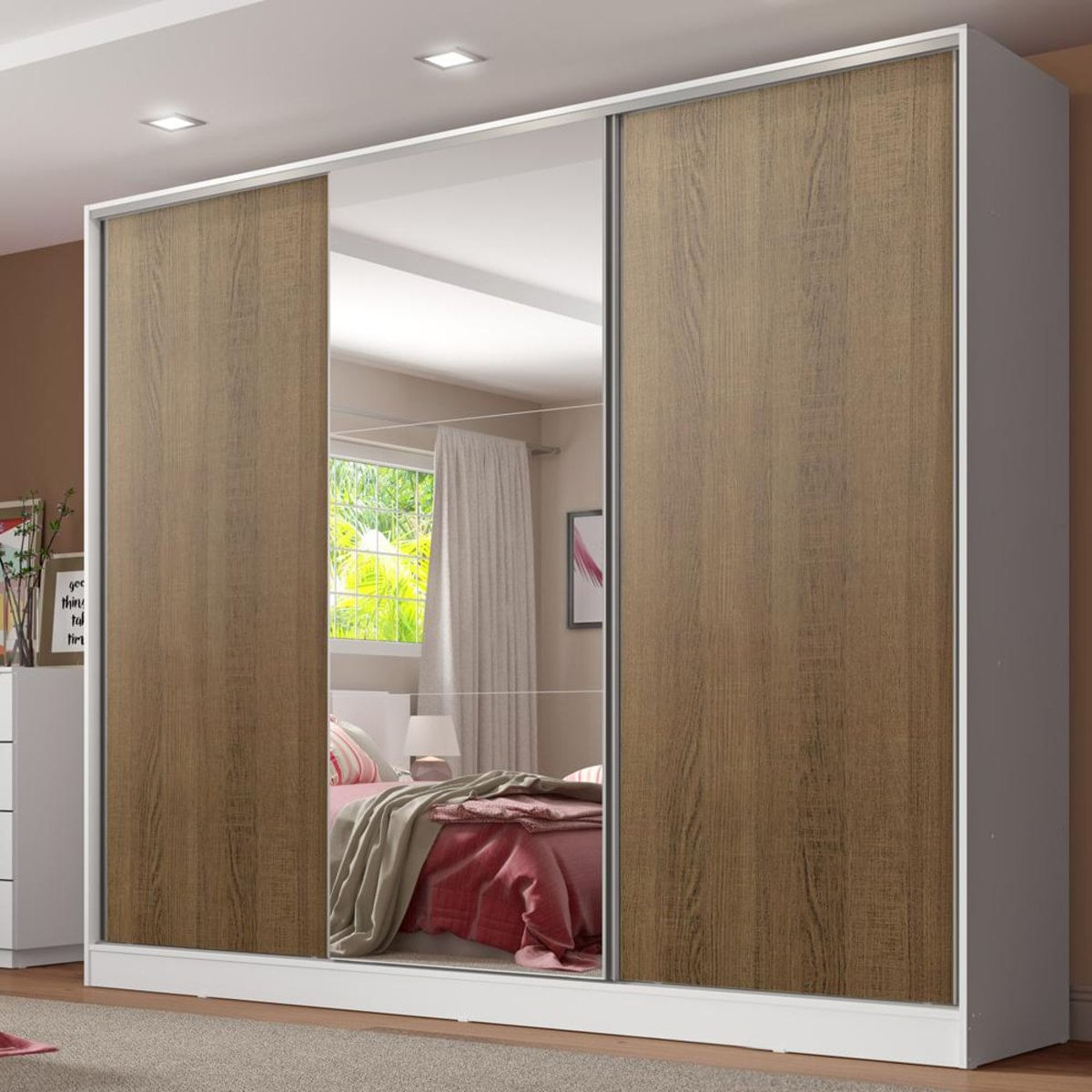 Guarda Roupa Casal 100% MDF Madesa Royale 3 Portas de Correr com Espelho - Branco/Rustic