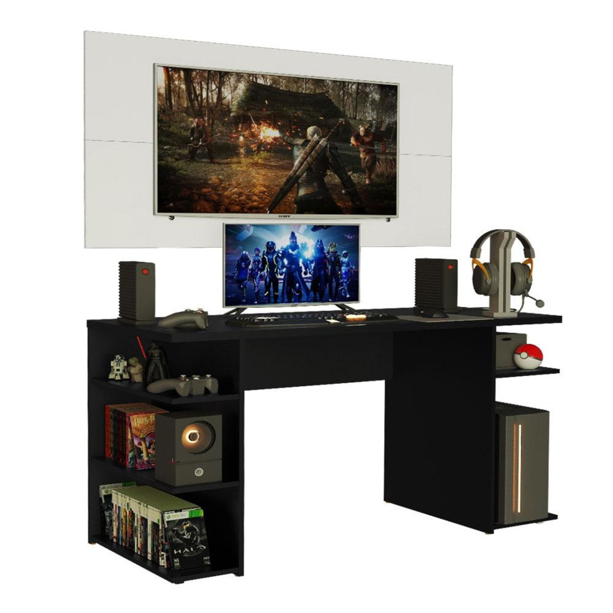 Mesa Gamer Madesa 9409 e Painel para TV até 50 Polegadas - Preto/Branco