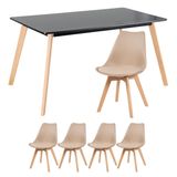 Mesa de jantar retangular 80 x 140 cm preto + 4 cadeiras estofadas Leda nude