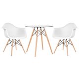 KIT - Mesa redonda de vidro Eames 70 cm + 2 cadeiras Eiffel DAW branco