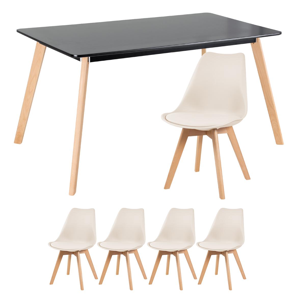 Mesa de jantar retangular 80 x 140 cm preto + 4 cadeiras estofadas Leda creme