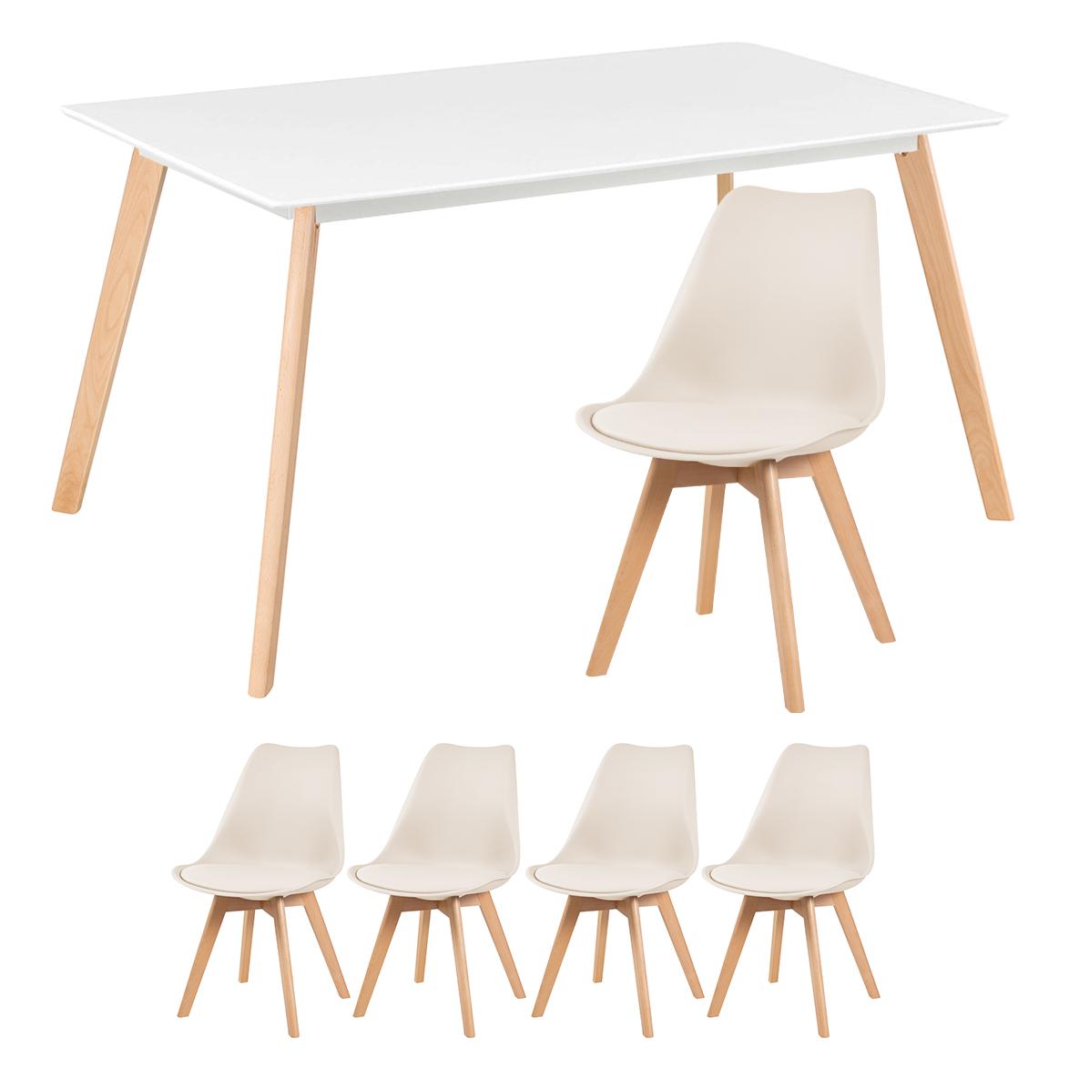 Mesa de jantar retangular 80 x 140 cm branco + 4 cadeiras estofadas Leda creme