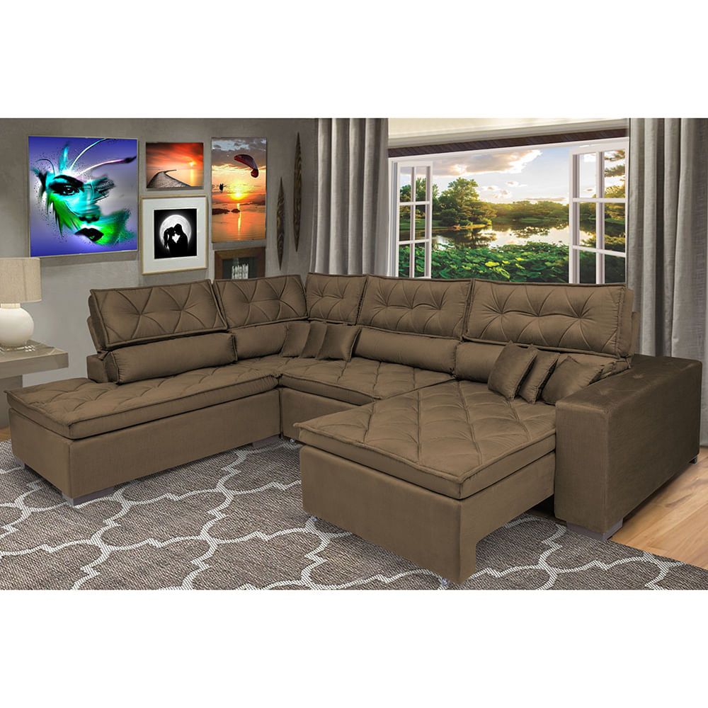 Sofá de Canto Retrátil e Reclinável com Molas, Cama inBox Platinum Esquerdo 3,00x2,36 Suede Café
