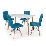 Kit Mesa Jantar Eiffel 120x80 Branca + 4 Cadeiras Eiffel Gomos Estofada Turquesa