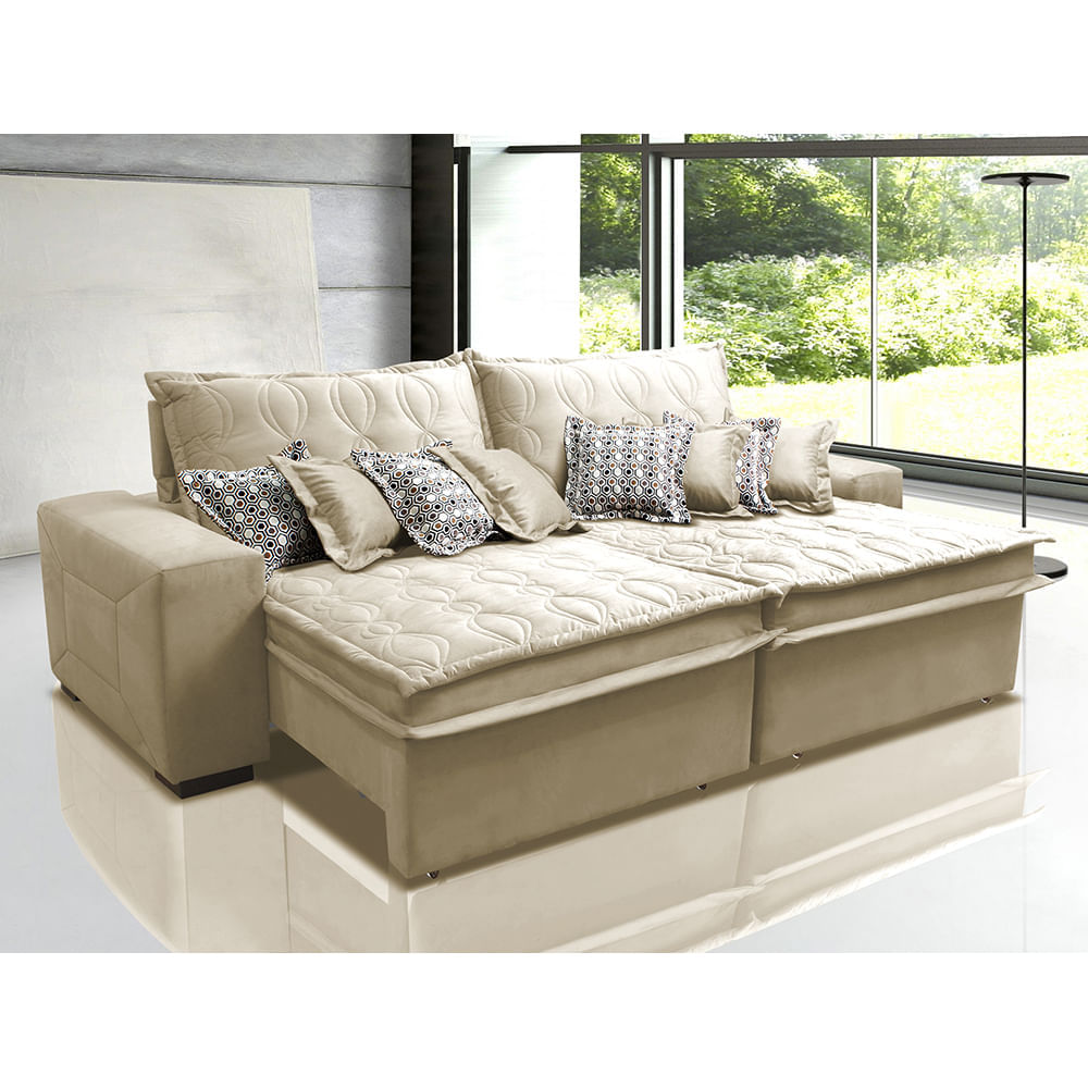 Sofá Retrátil e Reclinável 2,32m com Molas Ensacadas Cama Inbox Supreme Tecido Suede Bege Menor preço em Sofá Retrátil e Reclinável 2,32m com Molas Ensacadas Cama Inbox Supreme Tecido Suede Bege