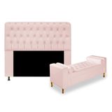 Kit Recamier Sofá Calçadeira Divã Félix 195 cm e Cabeceira Estofada Lady 195 cm Para Cama Box King Size Suede Rosê - AM Decor