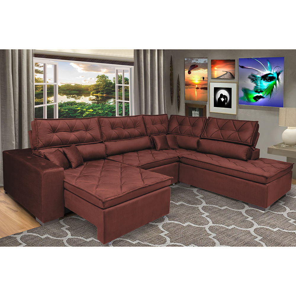 Sofa de Canto Retrátil e Reclinável com Molas Cama inBox Platinum 3,00x2,36 Tecido Suede Vinho