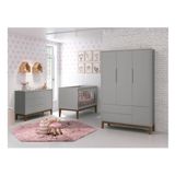 Kit Quarto Infantil Square Cinza - Berço + Cômoda com Porta + Guarda-roupa 3 portas