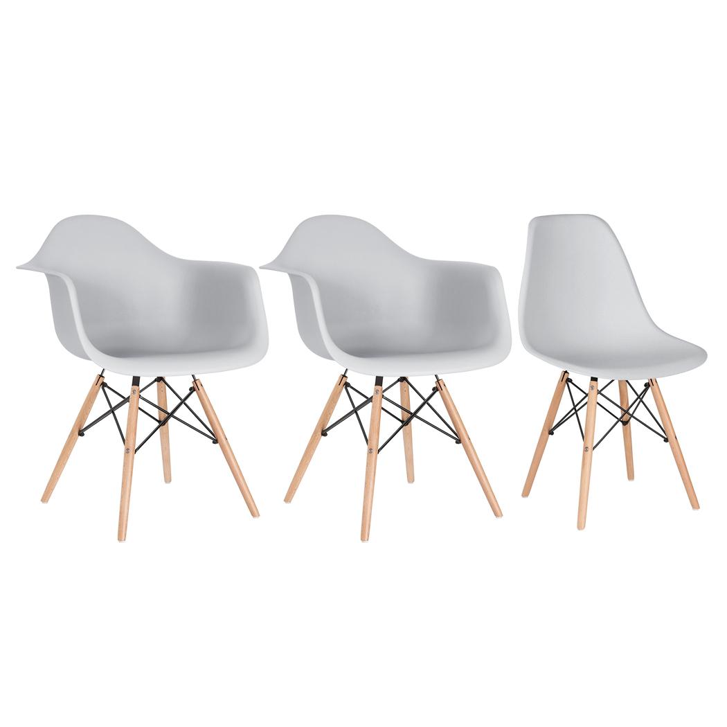 Conjunto 2 x cadeiras Eames DAW com braços + 1 cadeira Eiffel DSW - Cinza claro