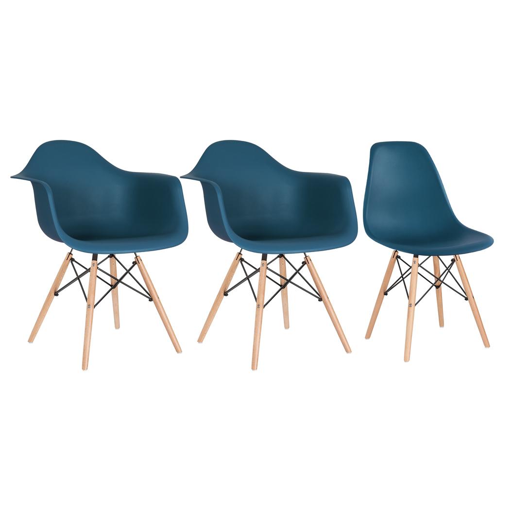 Conjunto 2 x cadeiras Eames DAW com braços + 1 cadeira Eiffel DSW - Azul petróleo