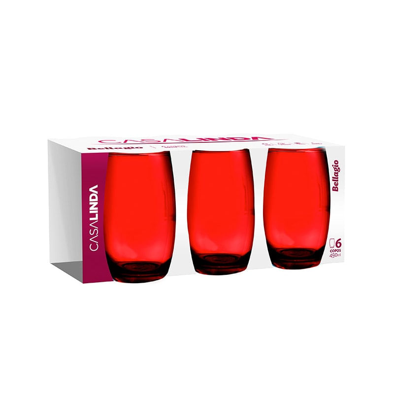 Jogo 6 Copos De Vidro Bellagio Vermelho  Redondo 450 ml